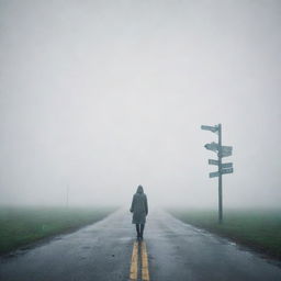 Create an image that encapsulates decision analysis in uncertain situations. Feature a person standing at a crossroads in a mysterious fog, with signposts pointing to different directions, symbolizing unknown outcomes.