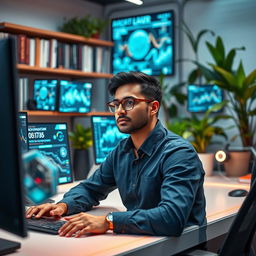 A focused man in a modern tech workspace, surrounded by high-tech gadgets and screens displaying complex data visualizations