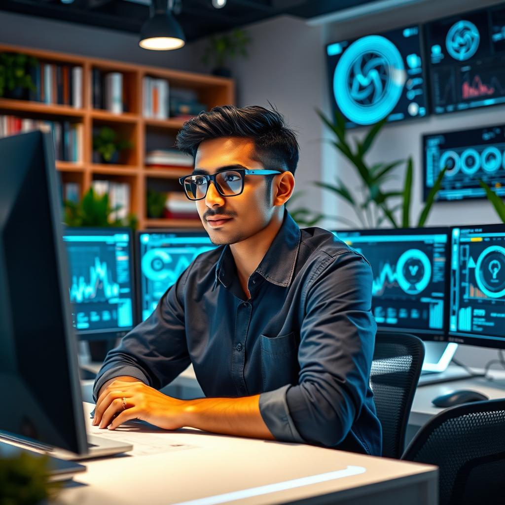 A focused man in a modern tech workspace, surrounded by high-tech gadgets and screens displaying complex data visualizations