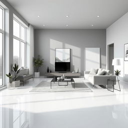 A minimalist living room featuring a harmonious blend of gray, white, and black colors