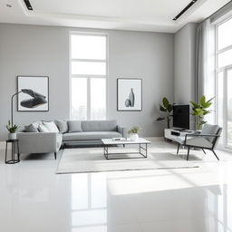 A minimalist living room featuring a harmonious blend of gray, white, and black colors