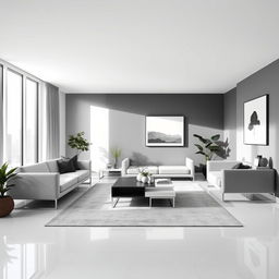 A minimalist living room featuring a harmonious blend of gray, white, and black colors