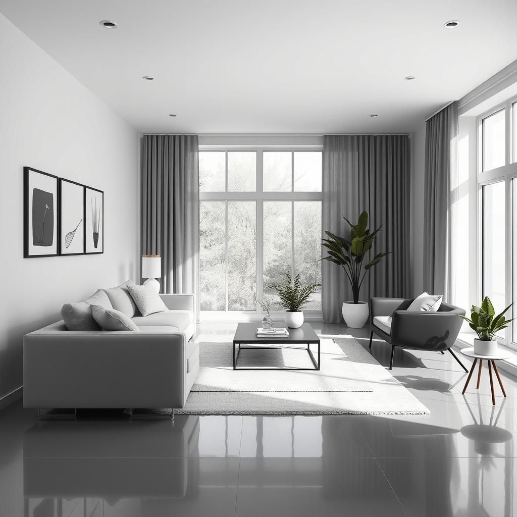 A minimalist living room featuring a harmonious blend of gray, white, and black colors