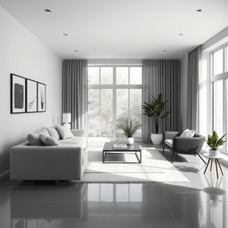 A minimalist living room featuring a harmonious blend of gray, white, and black colors