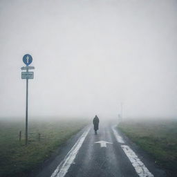 Create an image that encapsulates decision analysis in uncertain situations. Feature a person standing at a crossroads in a mysterious fog, with signposts pointing to different directions, symbolizing unknown outcomes.