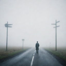 Create an image that encapsulates decision analysis in uncertain situations. Feature a person standing at a crossroads in a mysterious fog, with signposts pointing to different directions, symbolizing unknown outcomes.