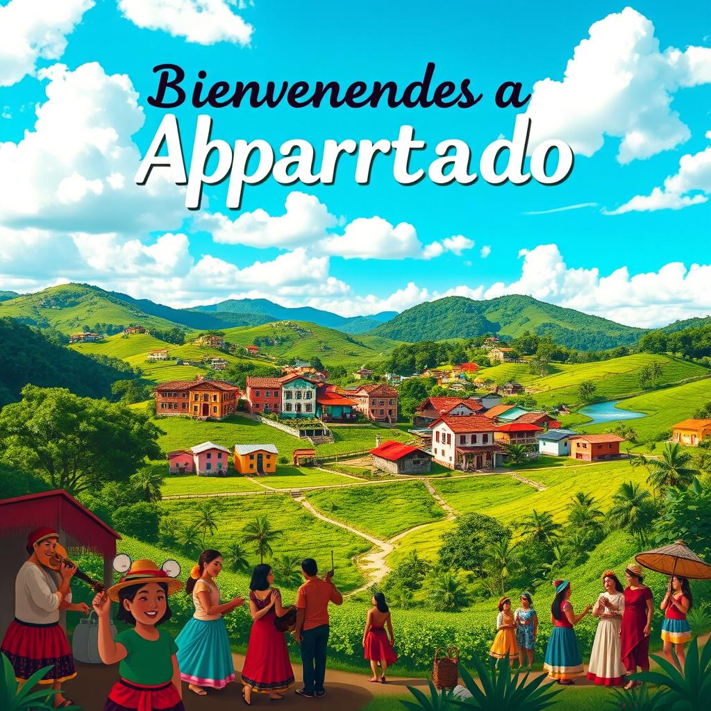 A vibrant poster showcasing the picturesque town of Apartadó, Colombia