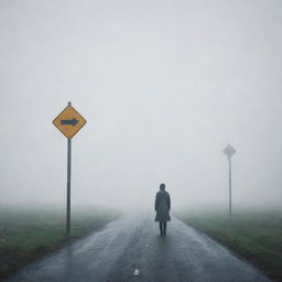 Create an image that encapsulates decision analysis in uncertain situations. Feature a person standing at a crossroads in a mysterious fog, with signposts pointing to different directions, symbolizing unknown outcomes.