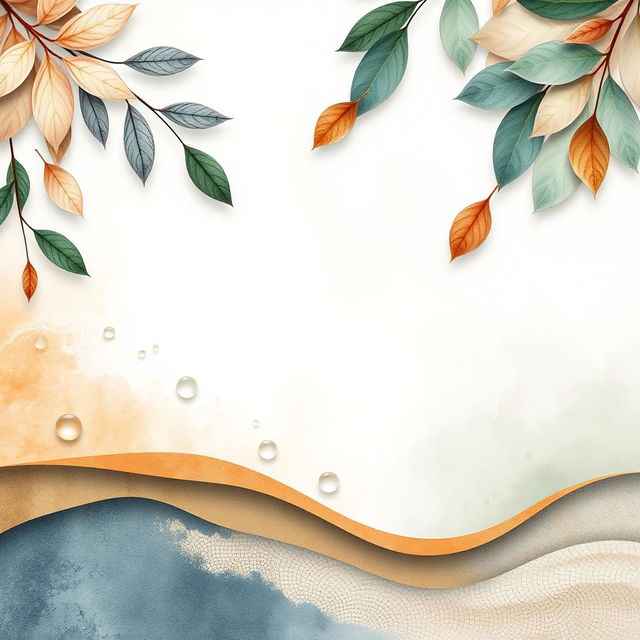 A minimalist nature-inspired background featuring soft tones and striking colors, incorporating elements like leaves, drops of water, and sand patterns