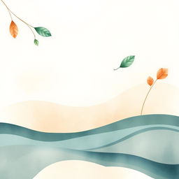 A minimalist nature-inspired background featuring soft tones and striking colors, incorporating elements like leaves, drops of water, and sand patterns