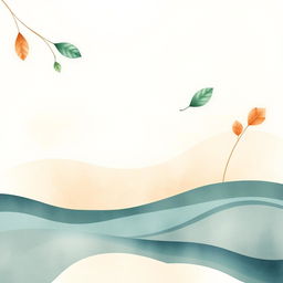 A minimalist nature-inspired background featuring soft tones and striking colors, incorporating elements like leaves, drops of water, and sand patterns