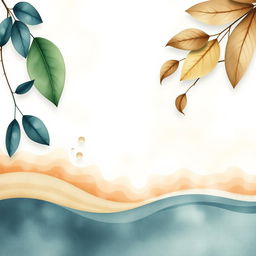 A minimalist nature-inspired background featuring soft tones and striking colors, incorporating elements like leaves, drops of water, and sand patterns