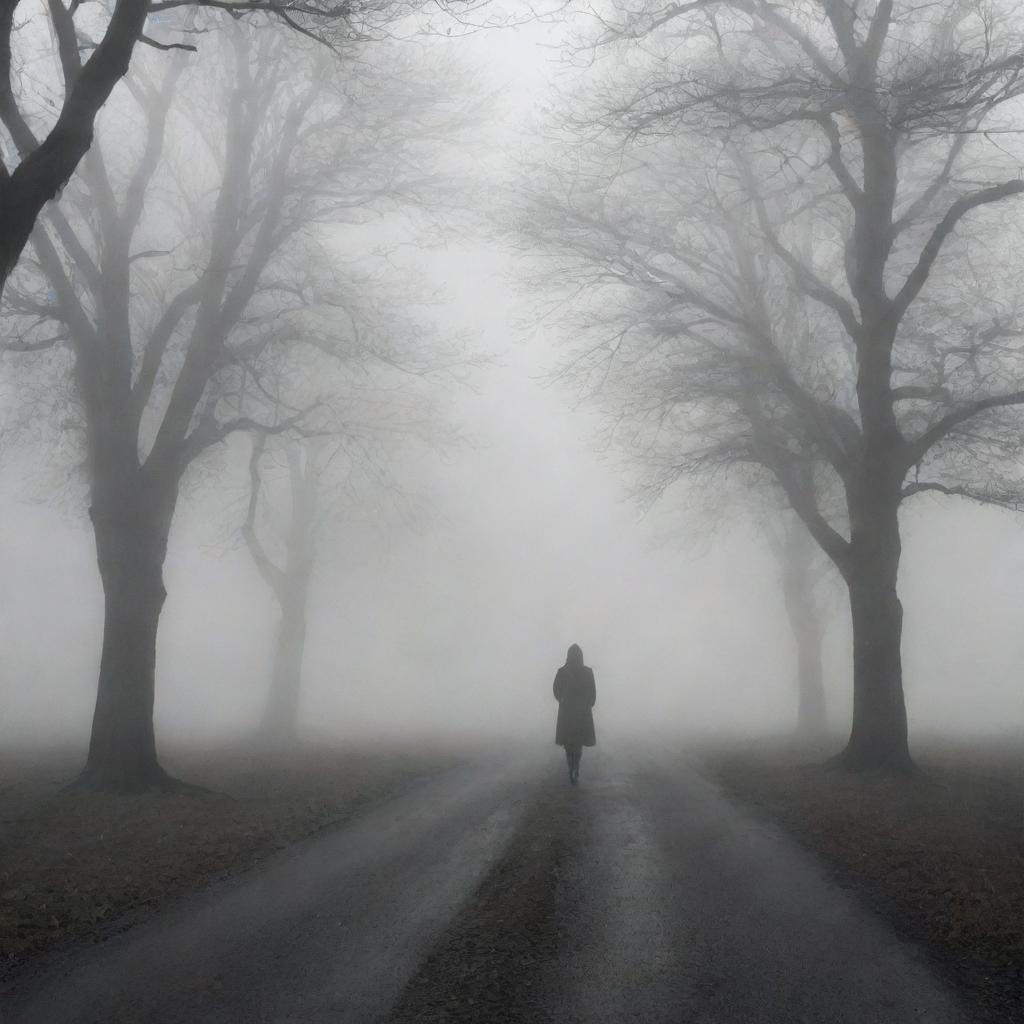 Enhance the previous image by adding various elements symbolizing uncertainty - a swirling fog, dim lighting, and shadowy figures at each path's end. The person at the crossroads appears hesitant and contemplative.