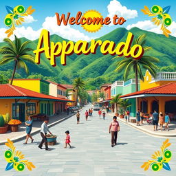 A vibrant and colorful poster showcasing the beautiful town of Apartadó, Colombia