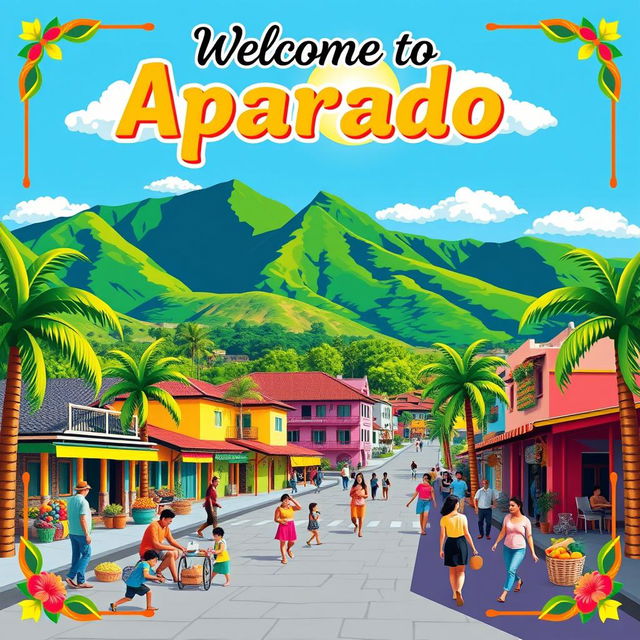 A vibrant and colorful poster showcasing the beautiful town of Apartadó, Colombia