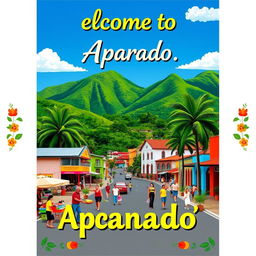 A vibrant and colorful poster showcasing the beautiful town of Apartadó, Colombia