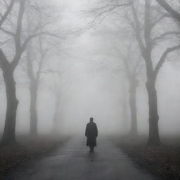 Enhance the previous image by adding various elements symbolizing uncertainty - a swirling fog, dim lighting, and shadowy figures at each path's end. The person at the crossroads appears hesitant and contemplative.