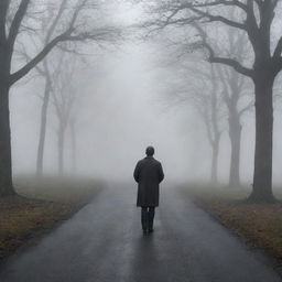 Enhance the previous image by adding various elements symbolizing uncertainty - a swirling fog, dim lighting, and shadowy figures at each path's end. The person at the crossroads appears hesitant and contemplative.