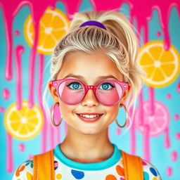 A vibrant and fun movie poster featuring a stunning young girl with bright white-blonde hair styled in a high ponytail