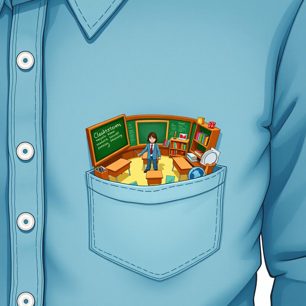 A whimsical and surreal illustration of a tiny classroom emerging from a shirt pocket