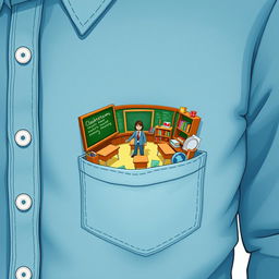 A whimsical and surreal illustration of a tiny classroom emerging from a shirt pocket