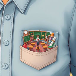 A whimsical and surreal illustration of a tiny classroom emerging from a shirt pocket