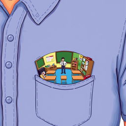 A whimsical and surreal illustration of a tiny classroom emerging from a shirt pocket