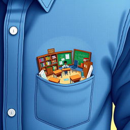 A whimsical and surreal illustration of a tiny classroom emerging from a shirt pocket