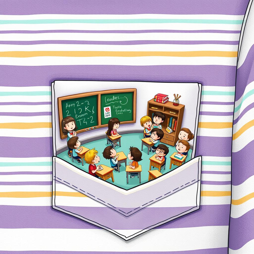 A whimsical and surreal illustration of a bustling classroom full of tiny students emerging from a striped shirt pocket