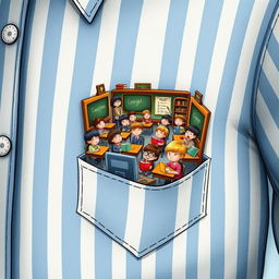 A whimsical and surreal illustration of a bustling classroom full of tiny students emerging from a striped shirt pocket