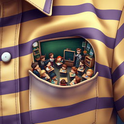 A whimsical and surreal illustration of a bustling classroom full of tiny students emerging from a striped shirt pocket