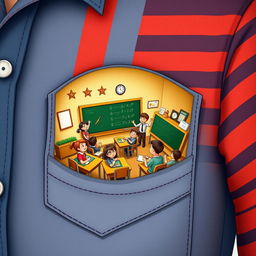 A whimsical and surreal illustration of a bustling classroom full of tiny students emerging from a striped shirt pocket