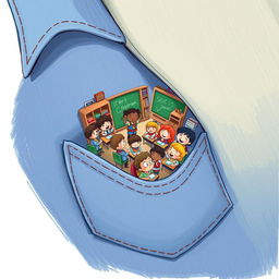 A whimsical and imaginative illustration of a vibrant classroom filled with tiny students emerging from a shirt pocket