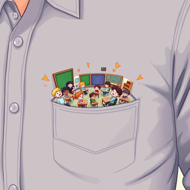 A whimsical and imaginative illustration of a vibrant classroom filled with tiny students emerging from a shirt pocket