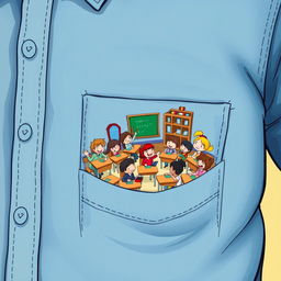 A whimsical and imaginative illustration of a vibrant classroom filled with tiny students emerging from a shirt pocket