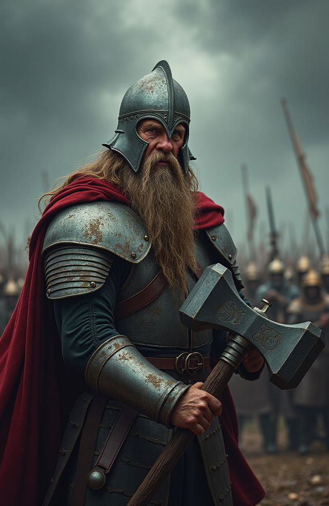 A live action portrayal of Helm Hammerhand from the Lord of the Rings, illustrated as a fierce warrior in his 50s, with a robust beard and adorned with an impressive helmet