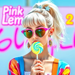 A fun and vibrant movie poster for 'Pink Lemonade 2' featuring a beautiful young woman in her early 20s with bright white-blonde hair styled in a high ponytail, complemented by fluffy bangs that frame her stunning face