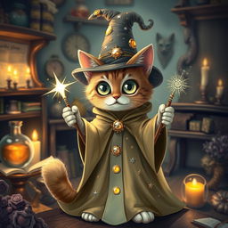 A whimsical cat dressed as a wizard, featuring a long, flowing robe covered in stars and moons, a pointed hat adorned with shimmering jewels, and holding a sparkling wand