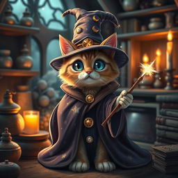 A whimsical cat dressed as a wizard, featuring a long, flowing robe covered in stars and moons, a pointed hat adorned with shimmering jewels, and holding a sparkling wand