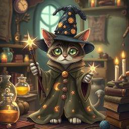 A whimsical cat dressed as a wizard, featuring a long, flowing robe covered in stars and moons, a pointed hat adorned with shimmering jewels, and holding a sparkling wand