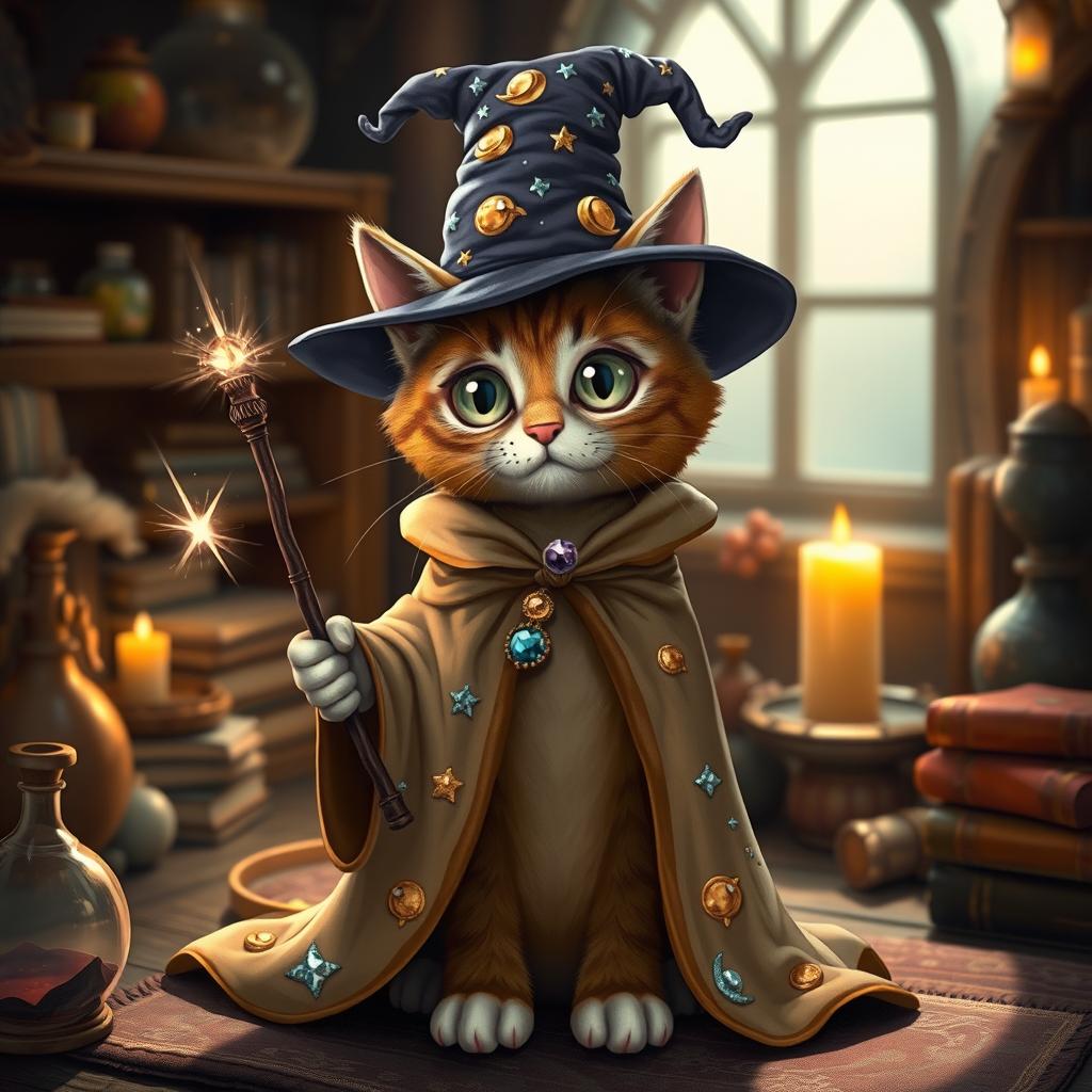 A whimsical cat dressed as a wizard, featuring a long, flowing robe covered in stars and moons, a pointed hat adorned with shimmering jewels, and holding a sparkling wand