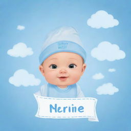 Generate an adorable, cartoon-style image of a baby with the name tag 'Destine Miracle Hizola' on a soft, baby-blue background filled with gentle clouds.