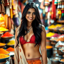 A hot Indian woman with long dark hair and captivating features, wearing a stylish traditional outfit that reveals her navel, standing confidently with a playful smile