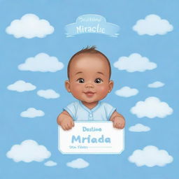 Generate an adorable, cartoon-style image of a baby with the name tag 'Destine Miracle Hizola' on a soft, baby-blue background filled with gentle clouds.