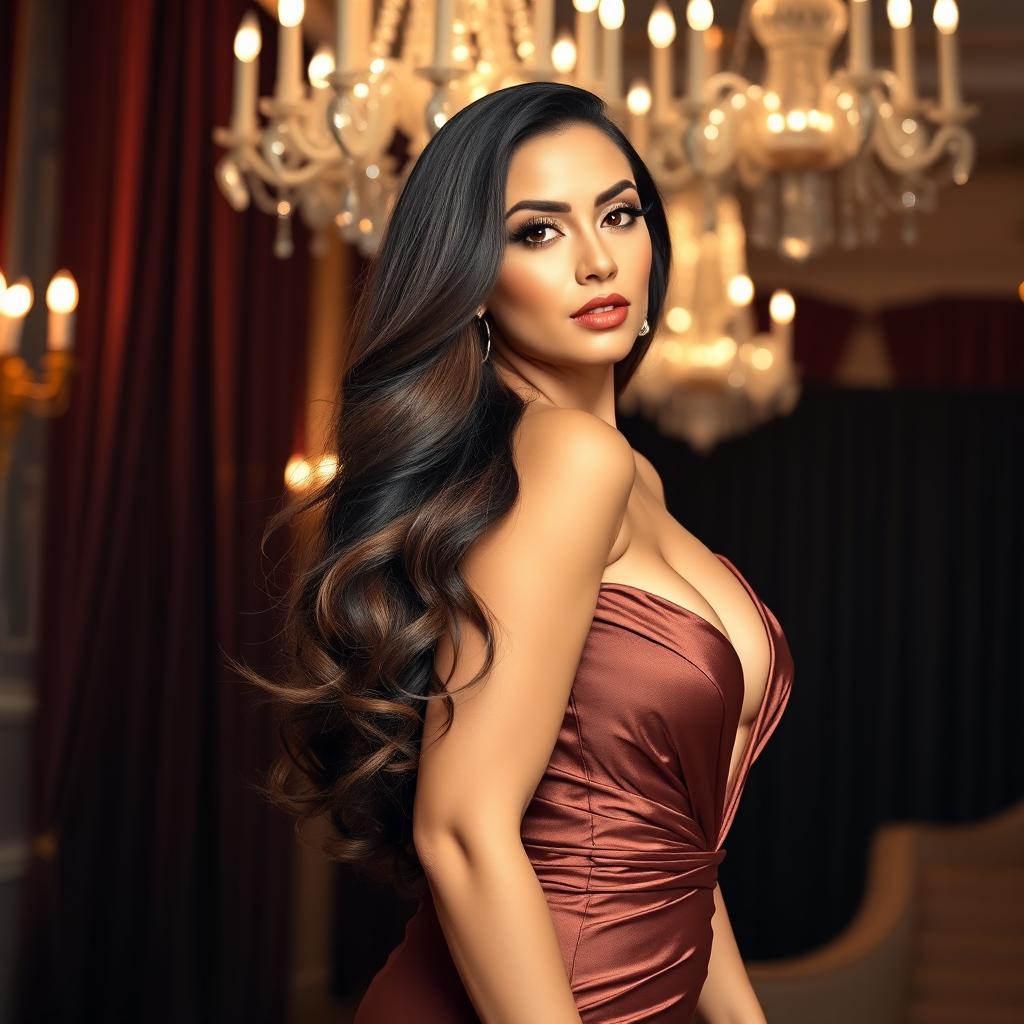 An elegant portrait of a confident woman with a curvy figure and prominent features, wearing a stunning low-cut evening gown that accentuates her curves