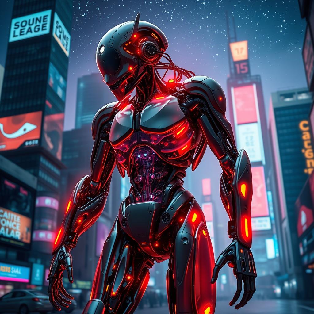 A futuristic cyborg humanoid, featuring sleek metallic limbs integrated with organic elements, illuminated by neon lights