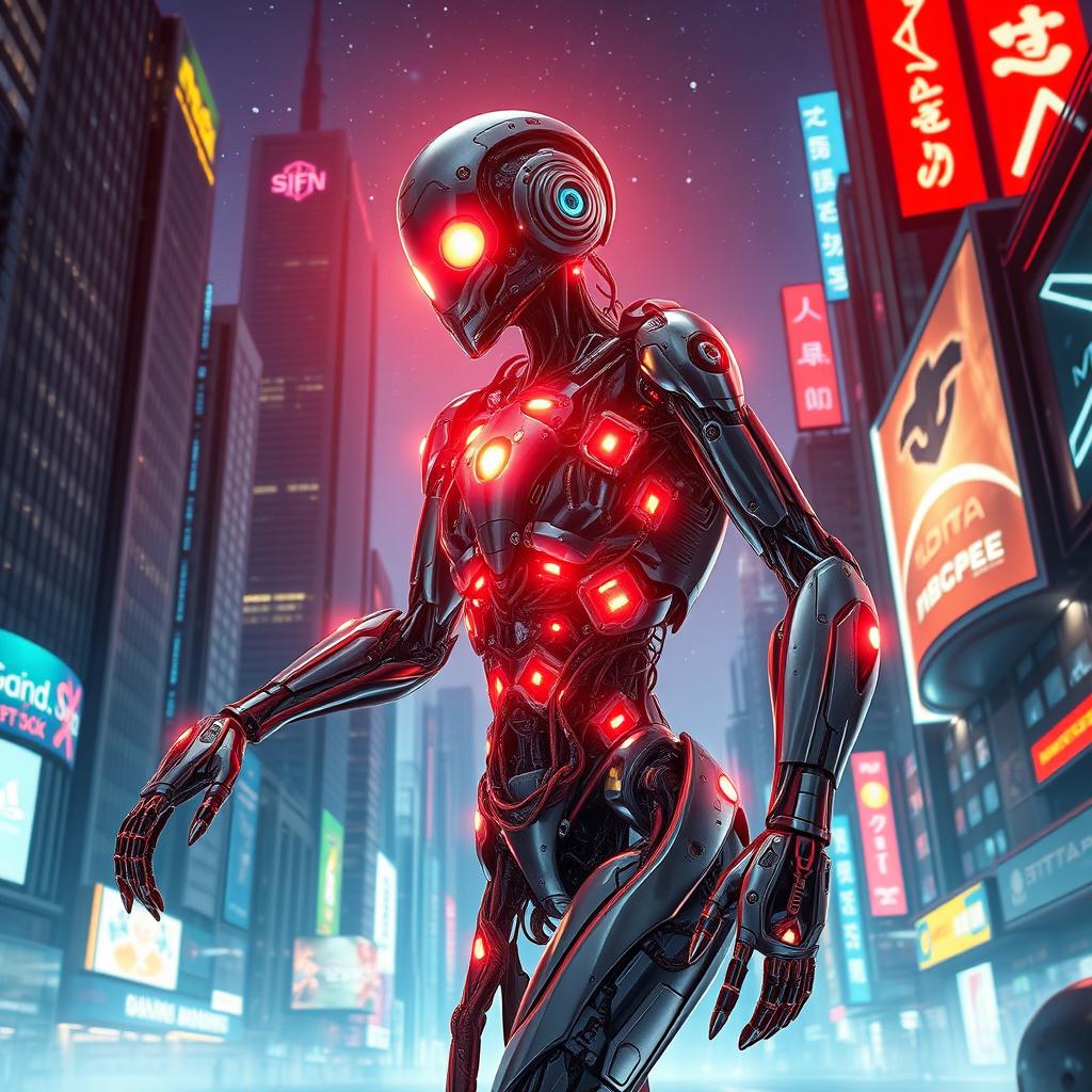 A futuristic cyborg humanoid, featuring sleek metallic limbs integrated with organic elements, illuminated by neon lights