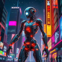 A futuristic cyborg humanoid, featuring sleek metallic limbs integrated with organic elements, illuminated by neon lights