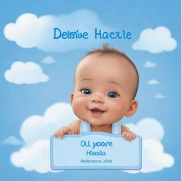 Generate an adorable, cartoon-style image of a baby with the name tag 'Destine Miracle Hizola' on a soft, baby-blue background filled with gentle clouds.