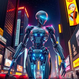 A futuristic cyborg humanoid, featuring sleek metallic limbs integrated with organic elements, illuminated by neon lights